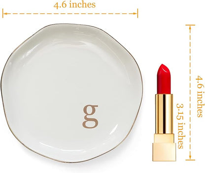 HOME SMILE Initials Ring Dish Jewery Tray with Personalized G-Monogrammed Engagement Wedding Gifts for Friends,Sister,Birthday Christmas Gifts for Women,Ceramic White