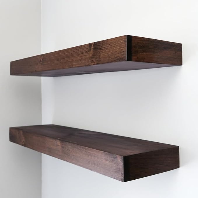 Urbandi Modern Floating Shelves 3 Inches Thick for Wall, Wide Shelves for Kitchen, Living Room, Bedroom, and Bathroom, Natural Pine Wood, Rustic Wooden Shelf, (Set of 2) (Provincial, 24Lx3Hx6D)