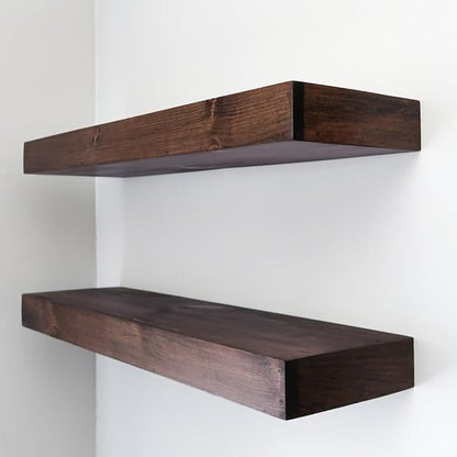 Urbandi Modern Floating Shelves 3 Inches Thick for Wall, Wide Shelves for Kitchen, Living Room, Bedroom, and Bathroom, Natural Pine Wood, Rustic Wooden Shelf, (Set of 2) (Provincial, 36Lx3Hx8D)