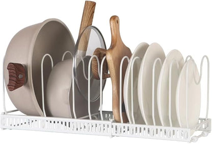 WUETOAYA Expandable Pots and Pans Organizer Rack, Pot Lid Kitchen Cabinet Organizer Holder with 10 Adjustable Compartment, Cookware Rack for Kitchen Cabinet Storage, White
