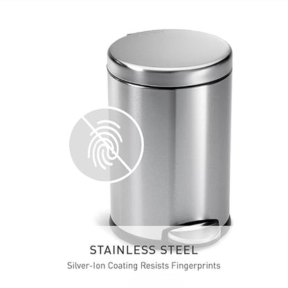 simplehuman 4.5 Liter / 1.2 Gallon Round Bathroom Step Trash Can, Brushed Stainless Steel