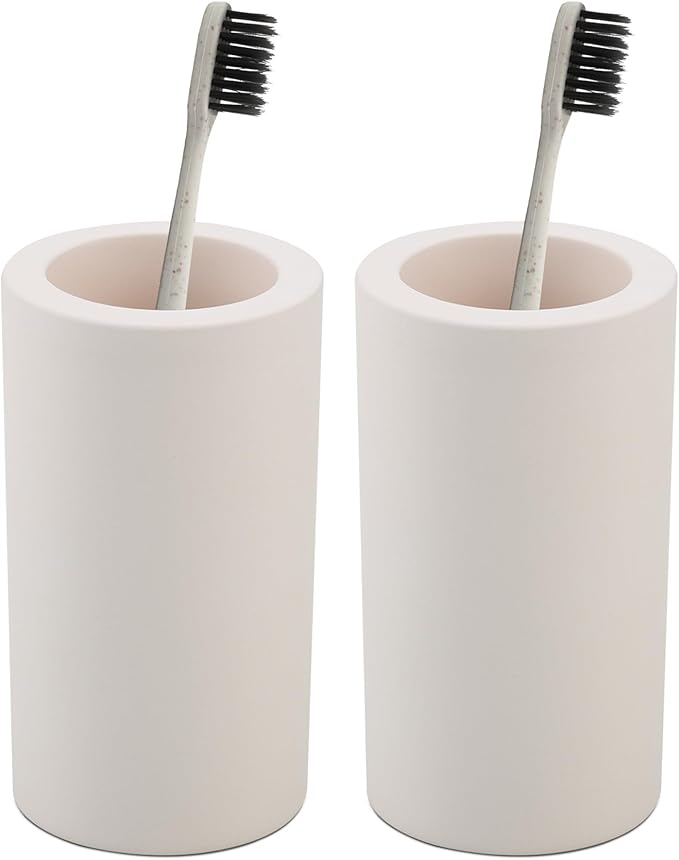 Coengwui 2Pcs Diatomite Toothbrush Holder for Bathroom Sink, Countertop Organizer, Quick Dry Stand Cup for Toothpaste, Razors, Makeup Brushes - Water-Absorbent & Quick-Drying (Beige, Height 4.3")