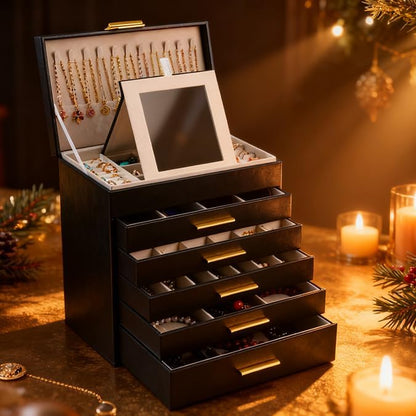 BOOVO Jewelry Box with Necklace Hanger – Jewelry Organizer for Women with 5 Drawers, Large Jewelry Storage Boxes –Jewelry Organizers and Storage for Earrings, Necklaces (Black, 6 layer)