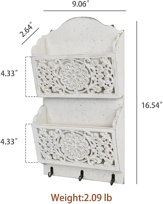 Rustic Key and Mail Holder for Wall Home Decorative,2-Slot Mail Organizer Wall Mount with 3 Hooks, Wooden Key Hangers Wall File Organizer Letter Sorter for Letter Magazines（White）