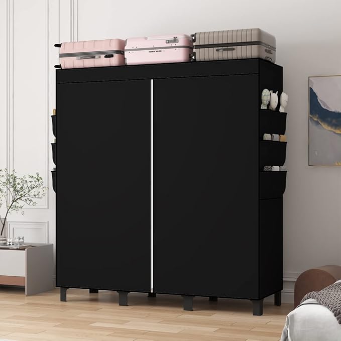 Portable Wardrobe, Clothes Organizer, Easy Hanger Wardrobe, Multiple Dividers and 3 Drawers, 6 Side Pockets Large Capacity (Black)