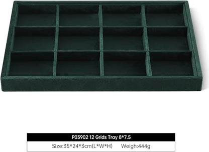 Velvet Stackable Jewelry Display Tray, 12 Grid Watch Bangle Bracelet Storage Tray, Makeup Drawer Insert Jewelry Shop Organizer Plate (Green)