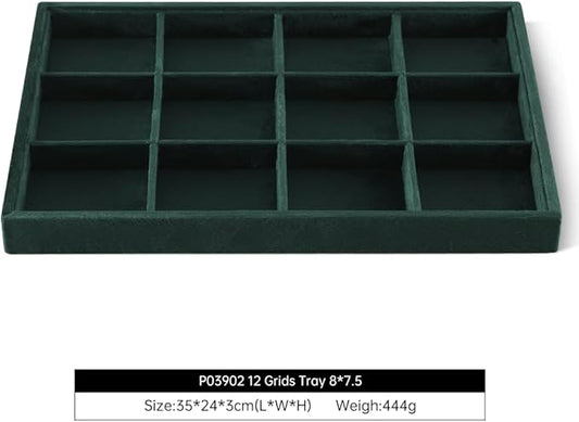 Velvet Stackable Jewelry Display Tray, 12 Grid Watch Bangle Bracelet Storage Tray, Makeup Drawer Insert Jewelry Shop Organizer Plate (Green)