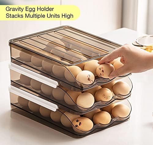OnDisplay Stackable Acrylic Gravity Egg Tray Holder for Fridge - Food-Safe PET Refrigerator Storage Bin for Eggs (Brown, Set of 3 Trays)