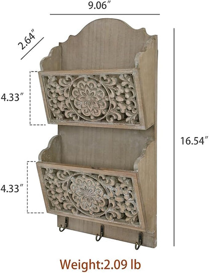 Rustic Key and Mail Holder for Wall Home Decorative,2-Slot Mail Organizer Wall Mount with 3 Hooks, Wooden Key Hangers Wall File Organizer Letter Sorter for Letter Magazines（Brown）