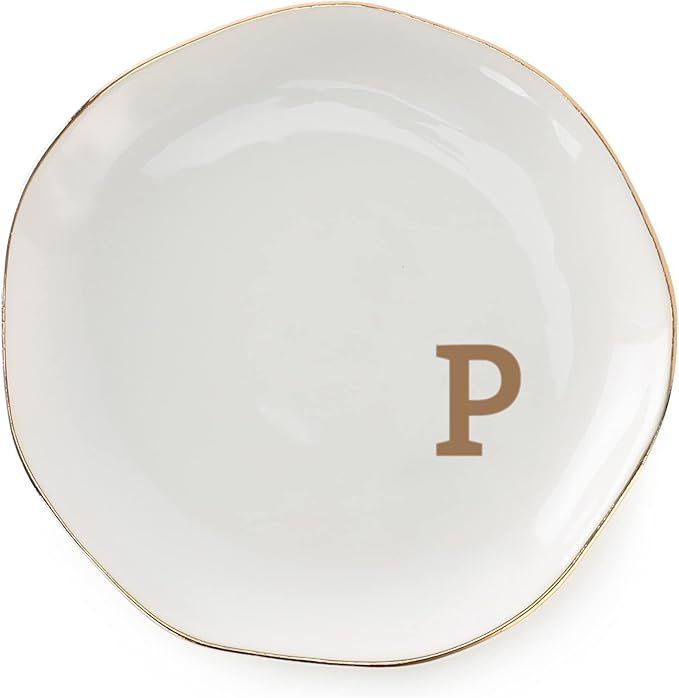VINCOMIC Initials Ring Dish Jewery Tray with Personalized P-Monogrammed Gifts Wedding Engagement for Women Friends Sister,Ceramic White