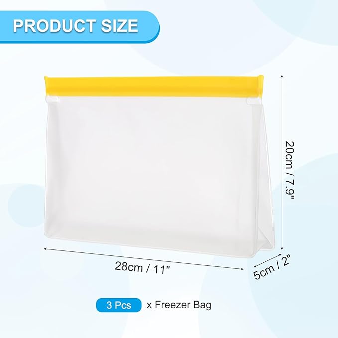 PATIKIL 11"x2"x7.9" Reusable Freezer Bag, 3 Pcs Leakproof Zip Food Storage Stand Up Bags Fridge Snack Vegetable Fruit Ice Container for Long-Lasting Freshness, Yellow