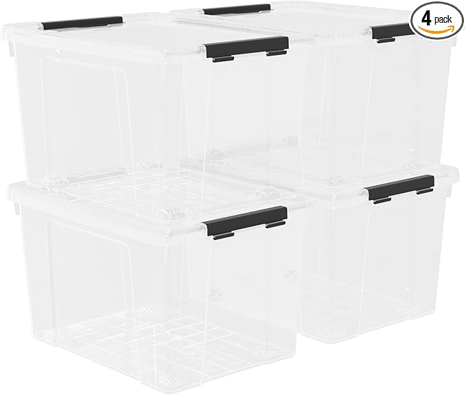 Sandmovie 4 Packs 50 Quart Large Plastic Clear Storage Box with Wheels, Clear Totes for Storage with Lids