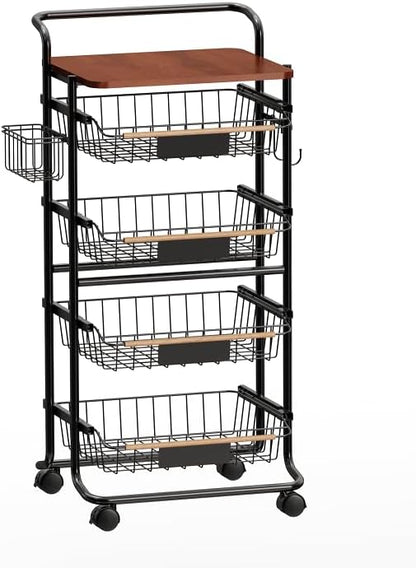 5-Tier Kitchen Organizer and Storage Cart, with Pull-Out Baskets and Wood Top, Rolling Pantry Kitchen Cart, for Fruit Potato Onion Vegetable Snack Produce, Black