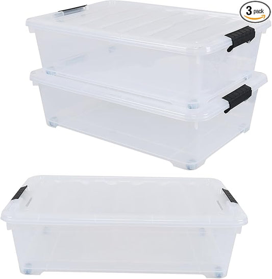 Yesdate 25 Quart Plastic Under Bed Storage Boxes, Wheeled UnderBed Storage Container, 3 Pack, Clear