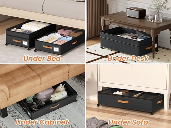 Mqaue Under Bed Storage with Wheels, 72L XXL Under the Bed Storage Containers Large, 10‘’ Tall Adjustable Storage for Underbed with Lids, Rolling for Shoes, Clothes, Blankets, Black