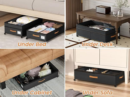 Mqaue Under Bed Storage with Wheels, 72L XXL Under the Bed Storage Containers Large, 10‘’ Tall Adjustable Storage for Underbed with Lids, Rolling for Shoes, Clothes, Blankets, Black