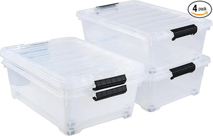 Hommp 20 Quart Under Bed Plastic Storage Bins, 4-Pack Clear Under Bed Storage Box with Wheels