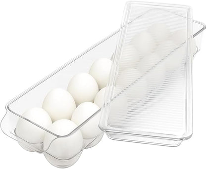 Dependable Industries inc. Essentials Clear Acrylic Egg Storage Container with Lid, 14-Egg Capacity, BPA-Free Refrigerator Organizer, Stackable Tray with Handle, Dishwasher Safe