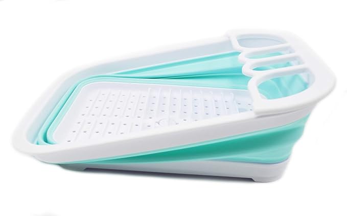 SAMMART Collapsible Dish Drainer with Drainer Board - Foldable Drying Rack Set - Portable Dinnerware Organizer - Space Saving Kitchen Storage Tray (1, White/Lake Green)