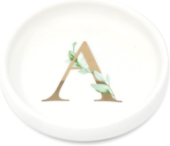Trinket Tray Jewelry Dish with Monogrammed A in Gold Ring Holder - White Trinket Dish - Personalized Ring Dish or Jewelry Tray - Cedar & Ink (A)