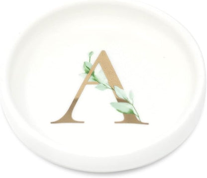 Trinket Tray Jewelry Dish with Monogrammed A in Gold Ring Holder - White Trinket Dish - Personalized Ring Dish or Jewelry Tray - Cedar & Ink (A)