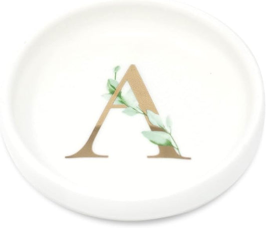 Trinket Tray Jewelry Dish with Monogrammed A in Gold Ring Holder - White Trinket Dish - Personalized Ring Dish or Jewelry Tray - Cedar & Ink (A)