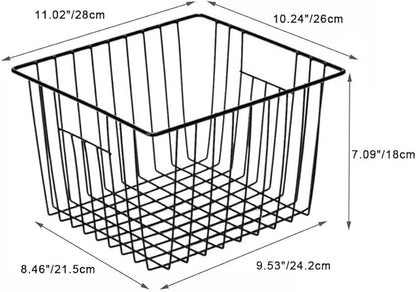 SANNO Freezer Storage Baskets, Pantry Storage Wire Basket Organizer Bins Refrigerator Bin with Built-in Handles for Cabinets, Pantry, Closets, Bedrooms - Set of 4 Black, Black,11"x 10"