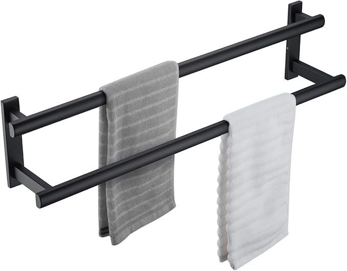 BAGNOLUX Double Towel Bar, SUS304 Towel Racks for Bathroom Wall Mounted 2-Tiers Ladder Towel Rails, Space Saving Bathroom Towel Holder Shelves Rack, Long Towel Hanger (24"-Square-Matte Black)