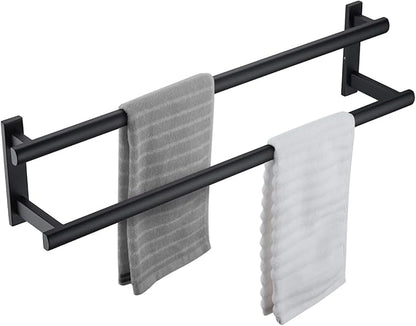 BAGNOLUX Double Towel Bar, SUS304 Towel Racks for Bathroom Wall Mounted 2-Tiers Ladder Towel Rails, Space Saving Bathroom Towel Holder Shelves Rack, Long Towel Hanger (24"-Square-Matte Black)