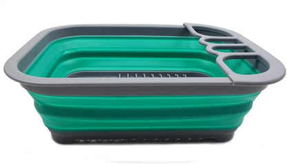 SAMMART Collapsible Plastic Dish Drainer - Foldable Drying Rack Set - Portable Dinnerware Organizer - Space Saving Dishes and Utensil Kitchen Storage (1, Dark Grey/Bluish-Green (w/o Base Board))