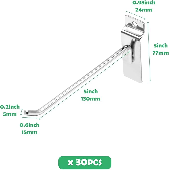 30Pcs 6 Inch Silver Slatwall Panel Hooks, Heavy Duty Slat Wall Hanging Display Hooks Pegboard Metal Hanger Hook for Gridwall Garage Shop Retail
