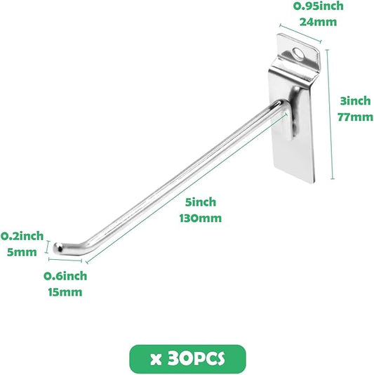 30Pcs 6 Inch Silver Slatwall Panel Hooks, Heavy Duty Slat Wall Hanging Display Hooks Pegboard Metal Hanger Hook for Gridwall Garage Shop Retail