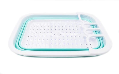 SAMMART Collapsible Dish Drainer with Drainer Board - Foldable Drying Rack Set - Portable Dinnerware Organizer - Space Saving Kitchen Storage Tray (1, White/Lake Green)