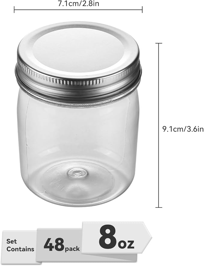 novelinks Plastic Jars With Lids 48Pcs 8 oz Plastic Mason Jars Food Storage for Milkshakes Juice Nuts Cupcakes (Silver, 48 Pack 8 Ounce)