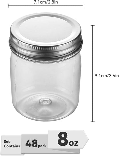 novelinks Plastic Jars With Lids 48Pcs 8 oz Plastic Mason Jars Food Storage for Milkshakes Juice Nuts Cupcakes (Silver, 48 Pack 8 Ounce)