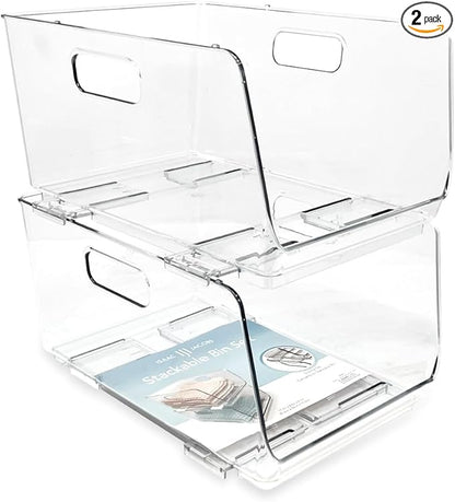 Isaac Jacobs 2-Piece (11.9" x 8.6" x 6.1") Large Deep Stackable Clear Storage Bins w/Open Front, Versatile Use, Set of 2, Desk, Office, Bathroom, Bedroom, Closet