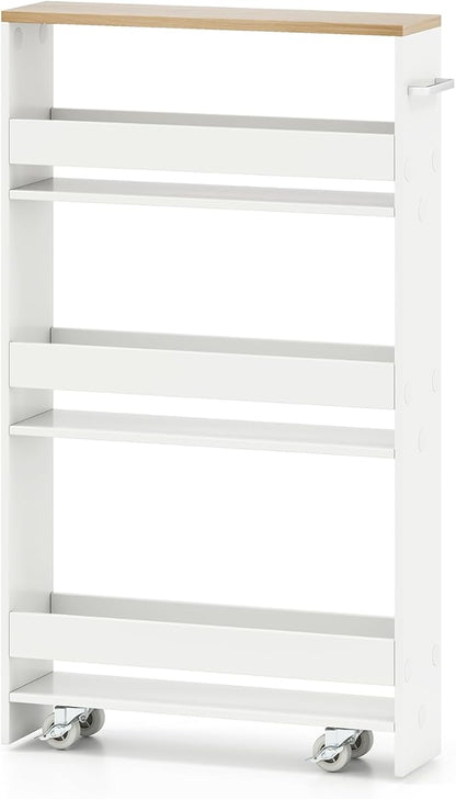 Small Kitchen Cart, 4-Tier Slim Rolling Island w/Handle, Laundry Room Storage Organizers Between Washer and Dryer, Narrow Spice Rack on Wheels Next to Fridge (White & Natural, 5'')