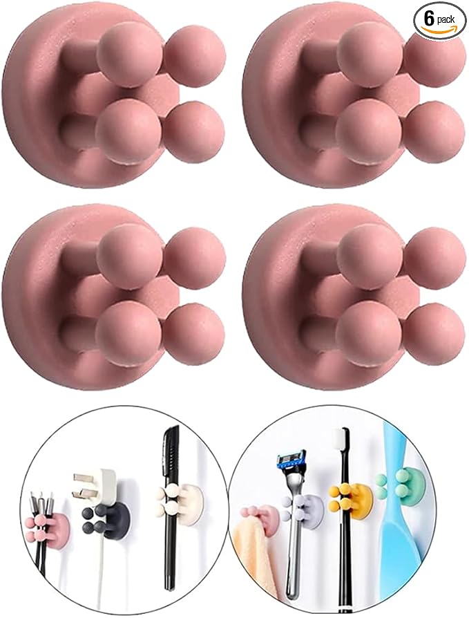 Defrko Silicone Toothbrush Holders Razor Hooks Adhesive Wall Mounted for Hanging Towel Key Plug Cable, Utility Decor Stick to Dorm Room Essentials (4 Pcs Pink)