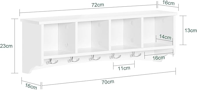 Haotian White Wall Shelf with Coat Hooks, Wall Coat Rack Entryway, Display Storage Unit with 4 Components 5 Bathroom Kitchen Cupboard, FRG48-L-W