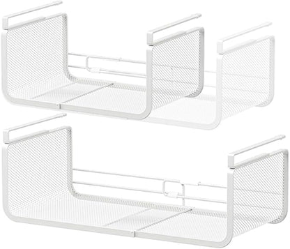 Expandable Under Shelf Basket Organizer, Under Shelf Storage, Hanging Baskets Under Cabinet for Pantry Kitchen Cupboard Desk Counter Bookshelf Space Saver Heavy Duty Slide-in (white, 2 Pack)