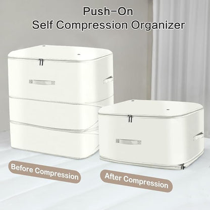 Space Saving Self Compression Organizer,Compression Storage Bags for Bedding and travel,Storage bags for Blankets Duvet Quilts Pillows, Comforter Storage with zippered ventilation holes（beige XL）