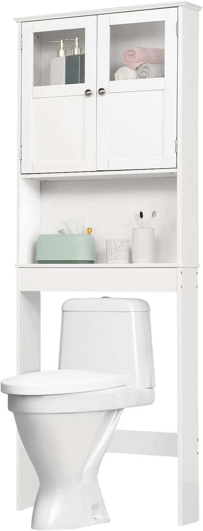 Bonnlo Over The Toilet Storage Cabinet with Adjustable Shelf White Bathroom Floor Organizer Space Saver with Double Doors, 67" Height