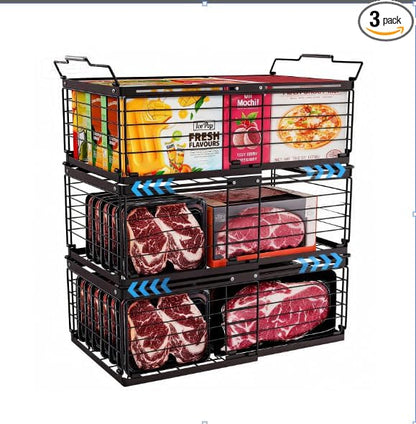 Stnopw 3PCS Freezer Organizer Bins,Stackable Chest Freezer Organizer for 7 Cu.FT Deep Freezer Sort Frozen Food, Easily Get Food from the Bottom with Side Handles Add Storage Space