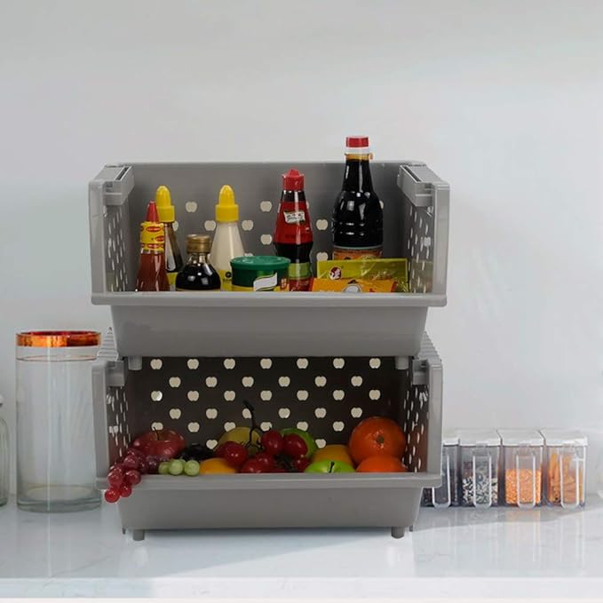 4-Pack Large Plastic Stackable Storage Basket, Plastic Kitchen Stacking Baskets, Grey