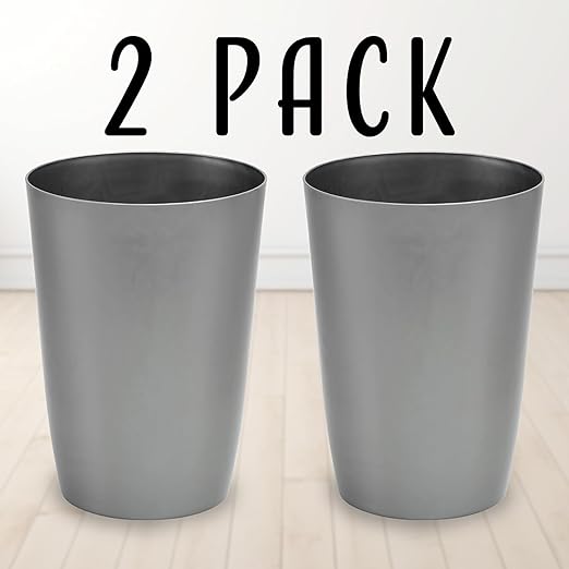 Mini Waste Basket - Pack of 2 Durable Small Plastic Garbage Trash Can Bin - Lidless Open-Top, Slim Profile for Compact Spaces - Suitable for Home, Bathroom, Office, Bedroom & More, Silver Brushed