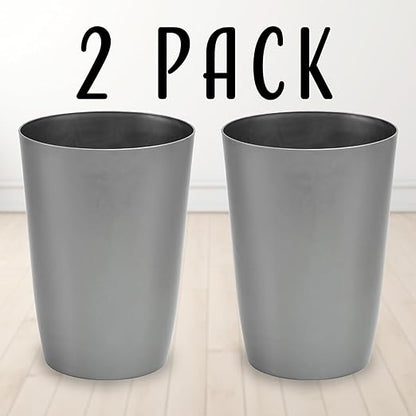 Mini Waste Basket - Pack of 2 Durable Small Plastic Garbage Trash Can Bin - Lidless Open-Top, Slim Profile for Compact Spaces - Suitable for Home, Bathroom, Office, Bedroom & More, Silver Brushed