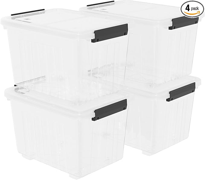 Qqbine 30 Quart Plastic Clear Storage Bin with Wheels, Plastic Latching Bins with Lids, 4 Packs