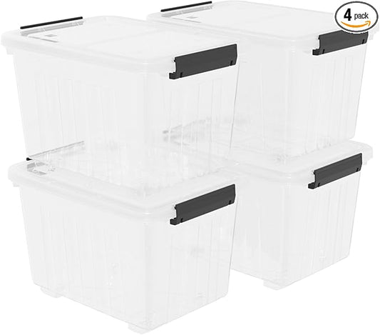Qqbine 30 Quart Plastic Clear Storage Bin with Wheels, Plastic Latching Bins with Lids, 4 Packs