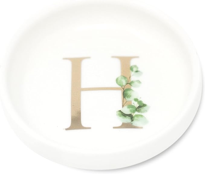 Trinket Tray Jewelry Dish with Monogrammed H in Gold Ring Holder - White Trinket Dish - Personalized Ring Dish or Jewelry Tray - Cedar & Ink (H)