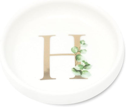 Trinket Tray Jewelry Dish with Monogrammed H in Gold Ring Holder - White Trinket Dish - Personalized Ring Dish or Jewelry Tray - Cedar & Ink (H)